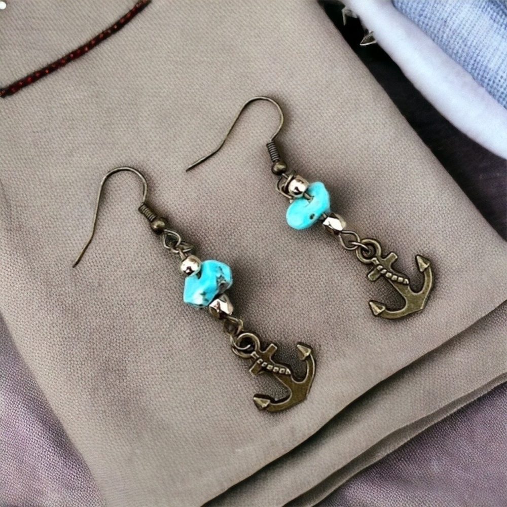 NWT ANCHORS AWEIGH turquoise stone antique gold charm drop earrings new